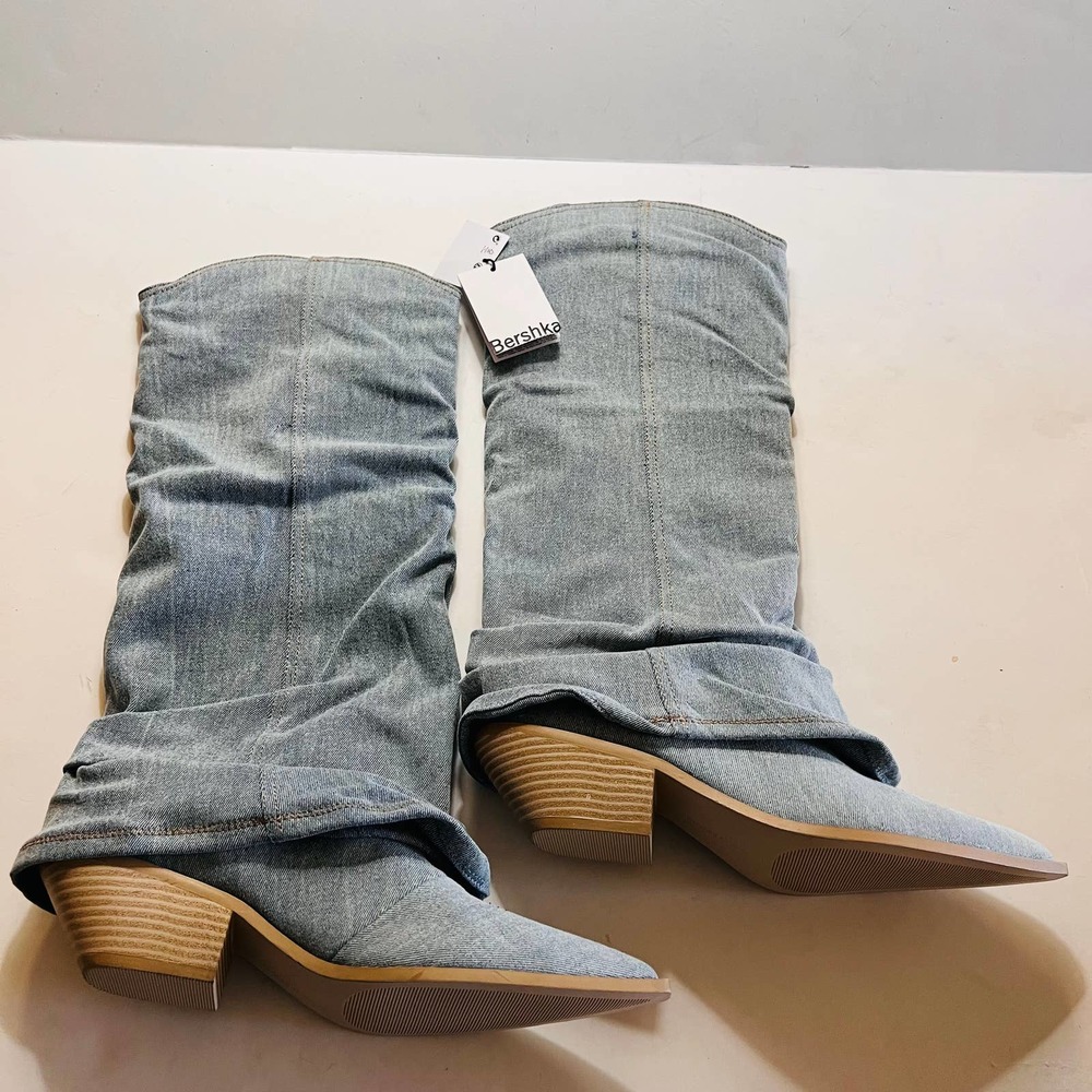 Bershka Denim Pointed Toe Layered Western Boots Size 41 NWT Blue - Picture 6 of 7